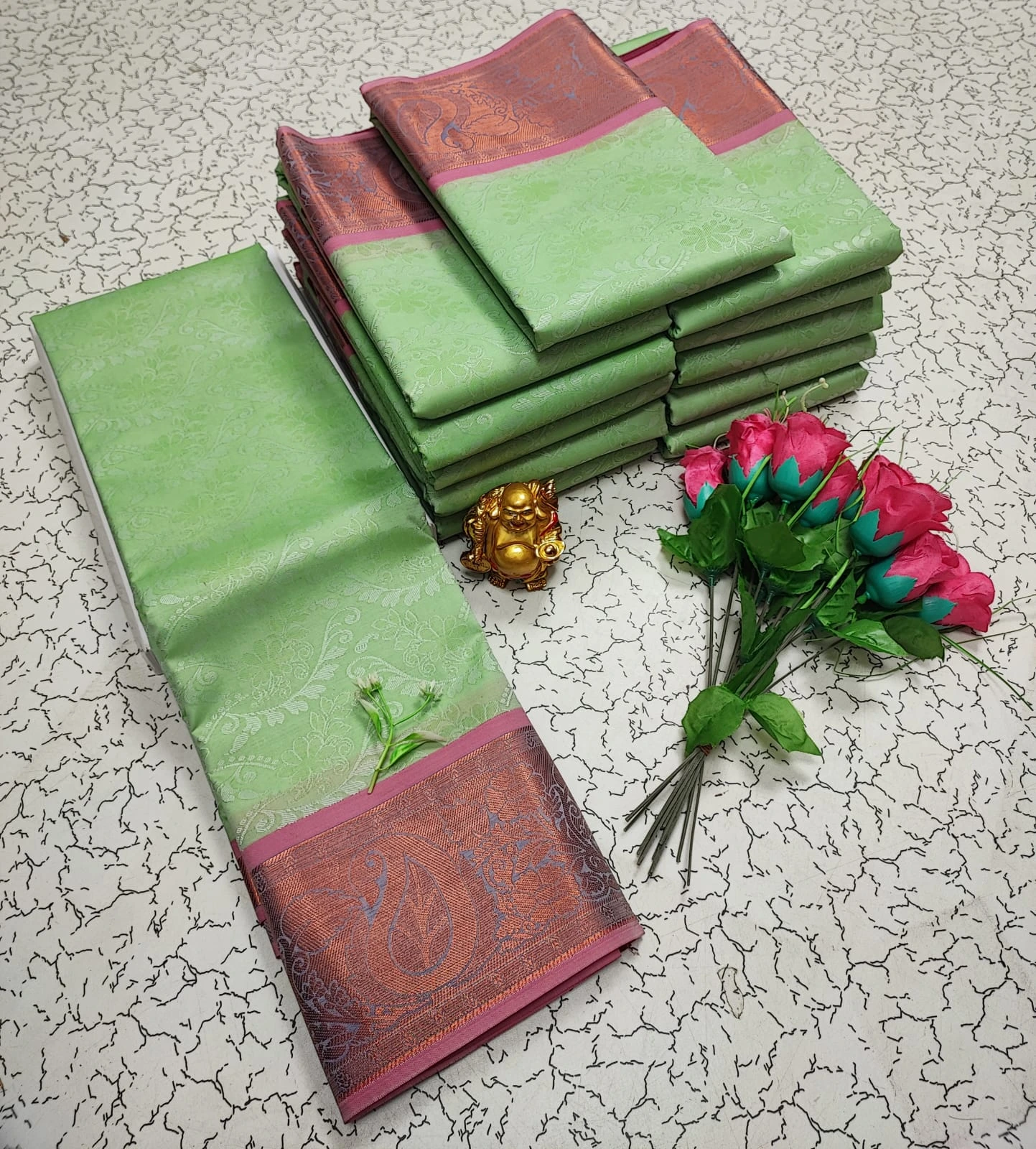 Pista Green with Dusty Pink Border Copper Zari Soft Silk Saree